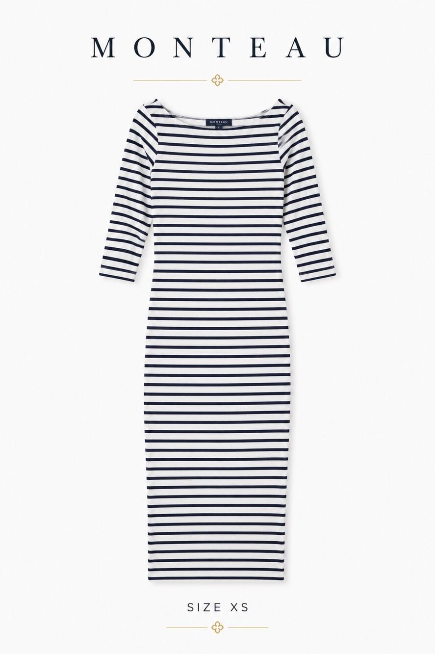 Monteau XS Navy White Striped Boatneck Midi Dress Fitted Breton 3/4 Sleeve